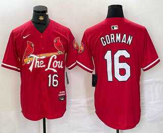 Mens St Louis Cardinals #16 Nolan Gorman Red 2024 City Connect Stitched Baseball Jersey